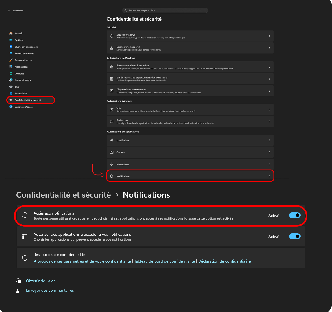 Autoriser les notifications — paramètres Windows